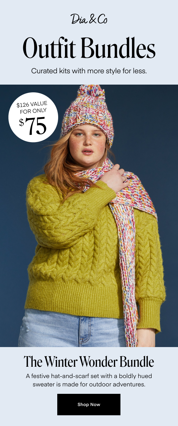 A festive hat-and-scarf set with a boldly hued sweater is made for outdoor adventures.
