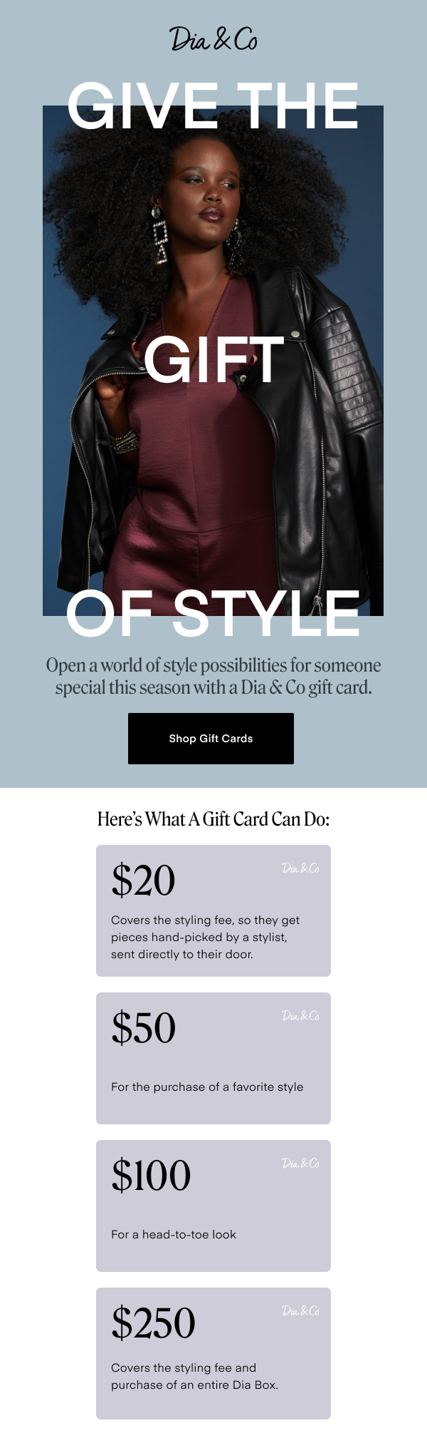 Open a world of style possibilities for someone special this season with a Dia & Co gift card.